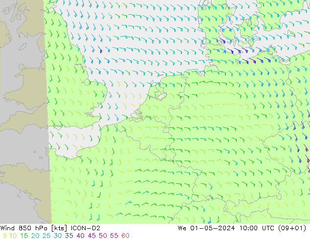 Wind 850 hPa ICON-D2 We 01.05.2024 10 UTC