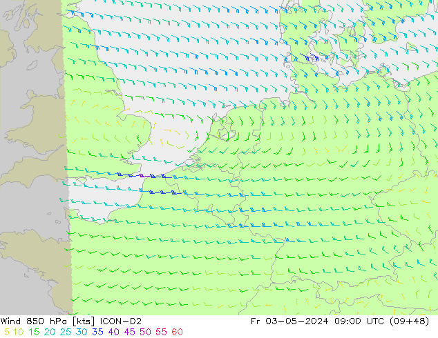 Rüzgar 850 hPa ICON-D2 Cu 03.05.2024 09 UTC