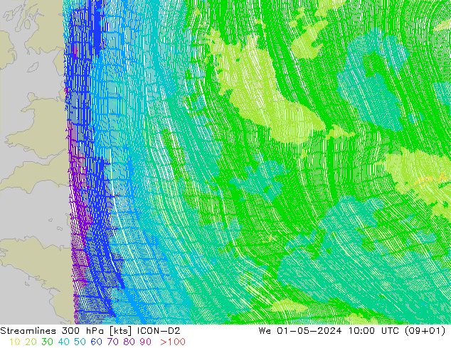 Linha de corrente 300 hPa ICON-D2 Qua 01.05.2024 10 UTC