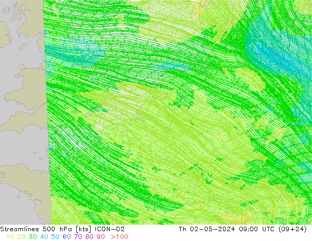 Linha de corrente 500 hPa ICON-D2 Qui 02.05.2024 09 UTC