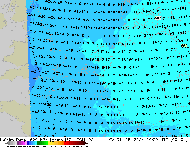 Height/Temp. 500 hPa ICON-D2 Mi 01.05.2024 10 UTC