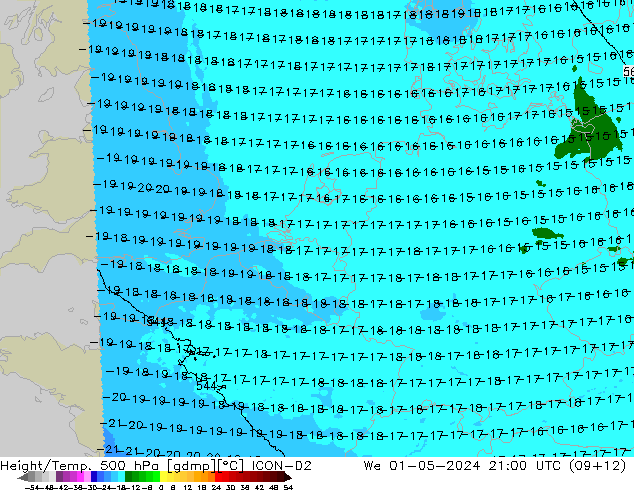 Height/Temp. 500 hPa ICON-D2 Qua 01.05.2024 21 UTC