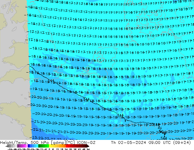 Height/Temp. 500 hPa ICON-D2 gio 02.05.2024 09 UTC