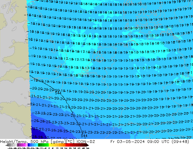 Height/Temp. 500 hPa ICON-D2 pt. 03.05.2024 09 UTC