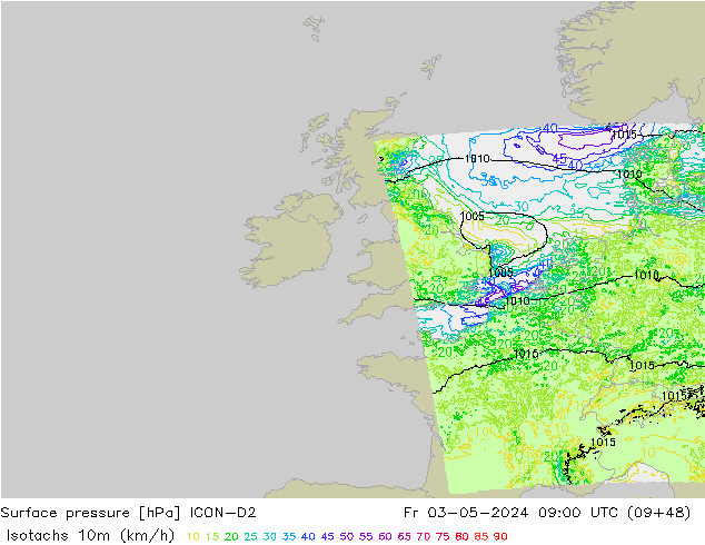 Isotachs (kph) ICON-D2 пт 03.05.2024 09 UTC