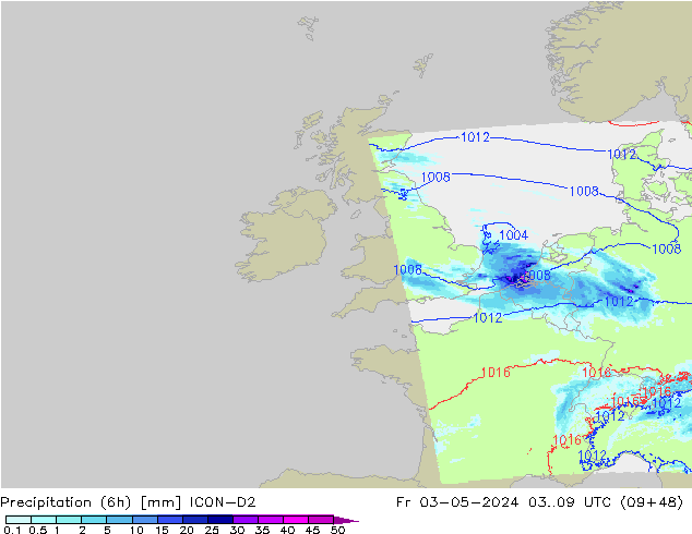 Precipitation (6h) ICON-D2 Fr 03.05.2024 09 UTC
