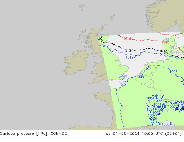 Surface pressure ICON-D2 We 01.05.2024 10 UTC