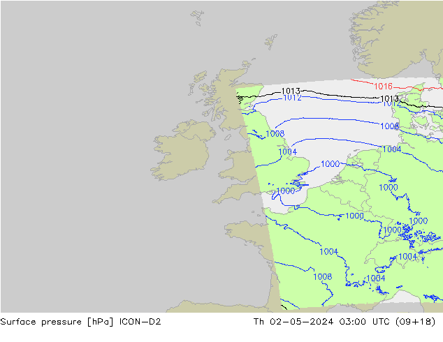 pressão do solo ICON-D2 Qui 02.05.2024 03 UTC