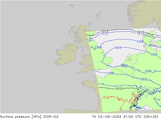 Surface pressure ICON-D2 Th 02.05.2024 21 UTC