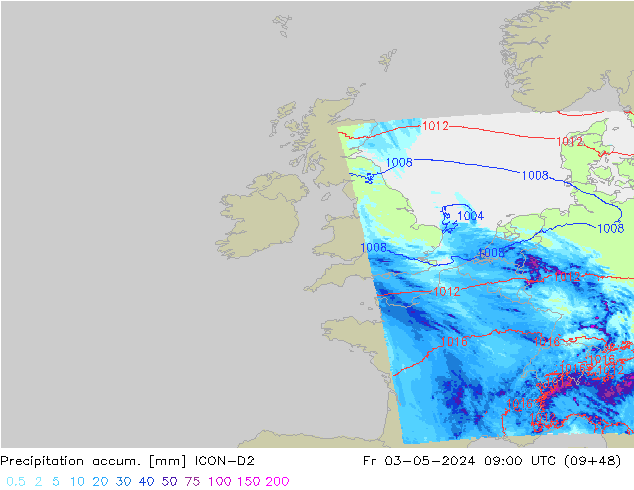 Precipitation accum. ICON-D2 Sex 03.05.2024 09 UTC