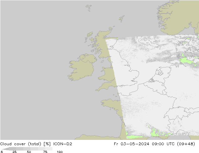 Cloud cover (total) ICON-D2 Pá 03.05.2024 09 UTC