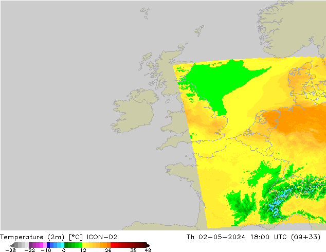 Temperature (2m) ICON-D2 Th 02.05.2024 18 UTC