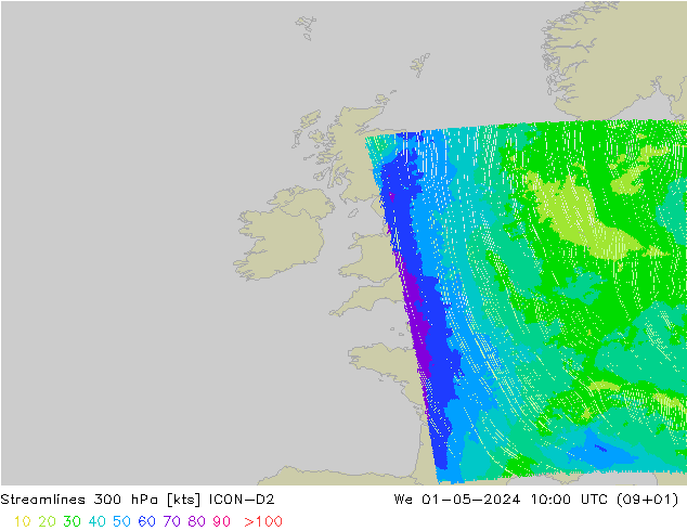 Streamlines 300 hPa ICON-D2 We 01.05.2024 10 UTC