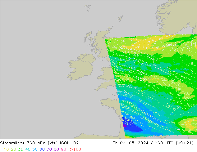 Streamlines 300 hPa ICON-D2 Th 02.05.2024 06 UTC