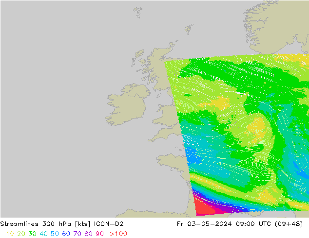 Streamlines 300 hPa ICON-D2 Pá 03.05.2024 09 UTC