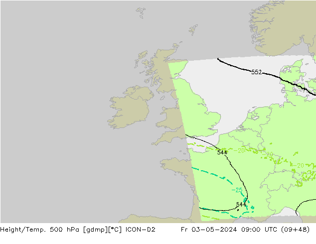 Height/Temp. 500 hPa ICON-D2 Fr 03.05.2024 09 UTC