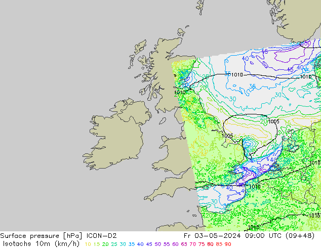 Isotachs (kph) ICON-D2 Pá 03.05.2024 09 UTC