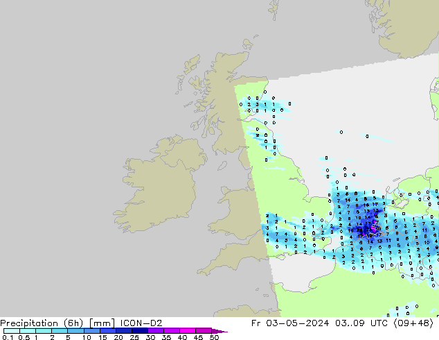 Totale neerslag (6h) ICON-D2 vr 03.05.2024 09 UTC
