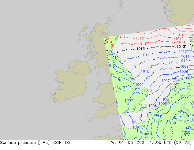 Atmosférický tlak ICON-D2 St 01.05.2024 15 UTC