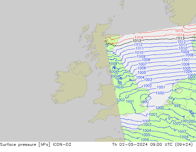 Surface pressure ICON-D2 Th 02.05.2024 09 UTC