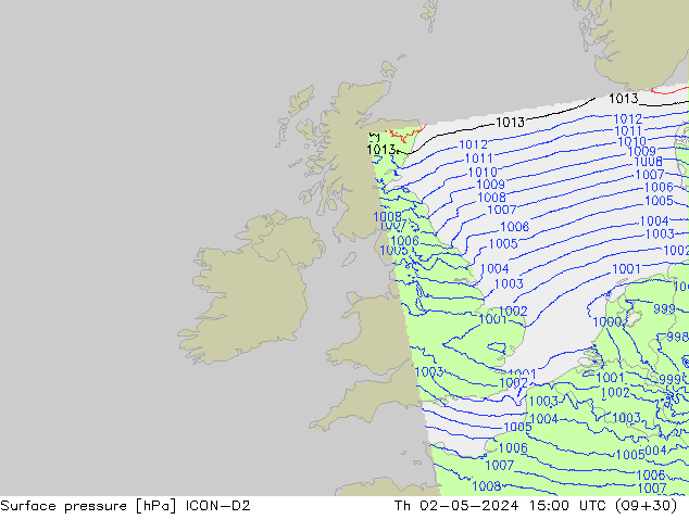 Surface pressure ICON-D2 Th 02.05.2024 15 UTC