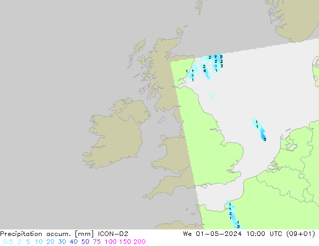 Precipitation accum. ICON-D2 We 01.05.2024 10 UTC