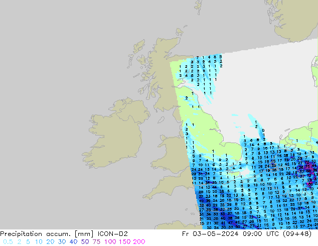 Precipitación acum. ICON-D2 vie 03.05.2024 09 UTC