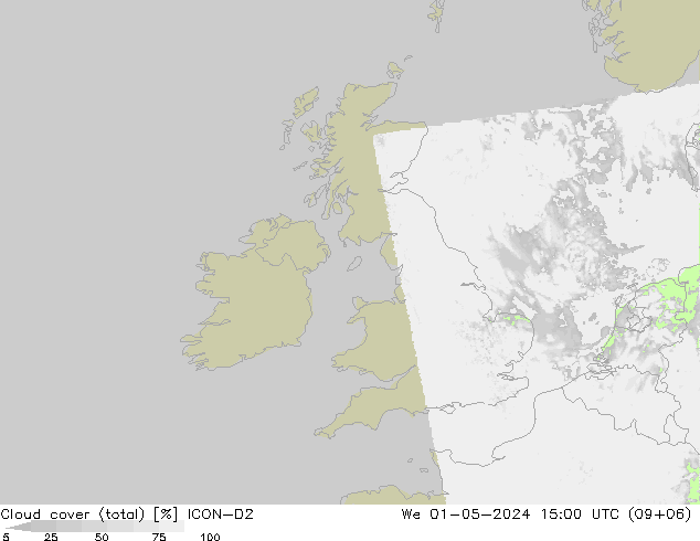 Cloud cover (total) ICON-D2 We 01.05.2024 15 UTC
