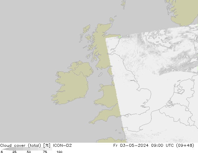 Cloud cover (total) ICON-D2 Fr 03.05.2024 09 UTC