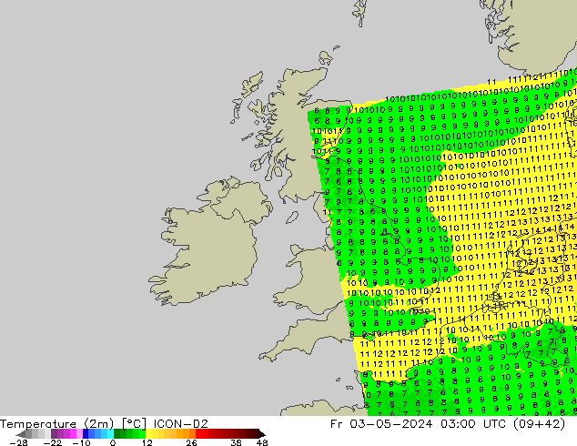 Temperature (2m) ICON-D2 Fr 03.05.2024 03 UTC