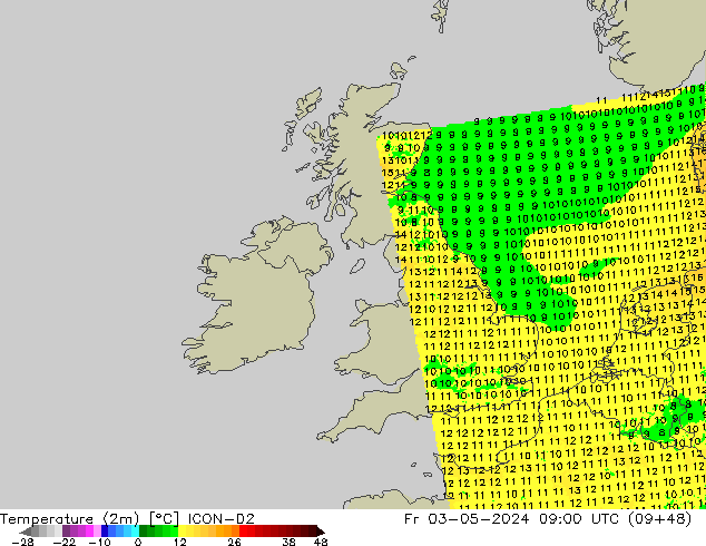 Temperatuurkaart (2m) ICON-D2 vr 03.05.2024 09 UTC