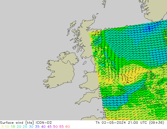 Vento 10 m ICON-D2 gio 02.05.2024 21 UTC