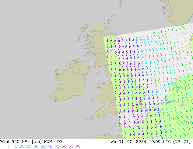 Vento 500 hPa ICON-D2 mer 01.05.2024 10 UTC