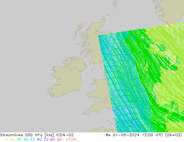 Linia prądu 500 hPa ICON-D2 śro. 01.05.2024 12 UTC