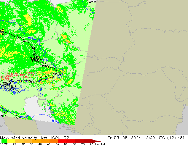 Max. wind velocity ICON-D2 Fr 03.05.2024 12 UTC