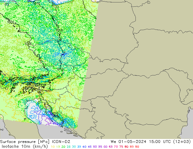 Izotacha (km/godz) ICON-D2 śro. 01.05.2024 15 UTC