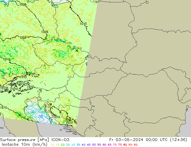 Isotachen (km/h) ICON-D2 vr 03.05.2024 00 UTC