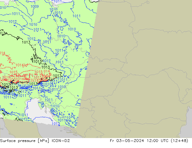 Pressione al suolo ICON-D2 ven 03.05.2024 12 UTC