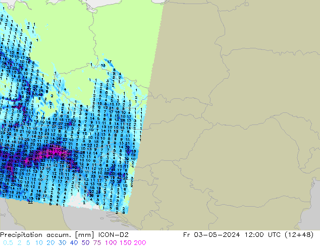 Précipitation accum. ICON-D2 ven 03.05.2024 12 UTC