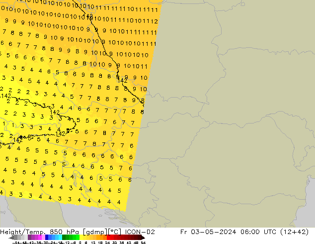 Height/Temp. 850 hPa ICON-D2 Sex 03.05.2024 06 UTC