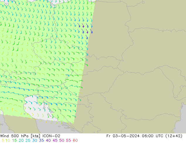 Viento 500 hPa ICON-D2 vie 03.05.2024 06 UTC