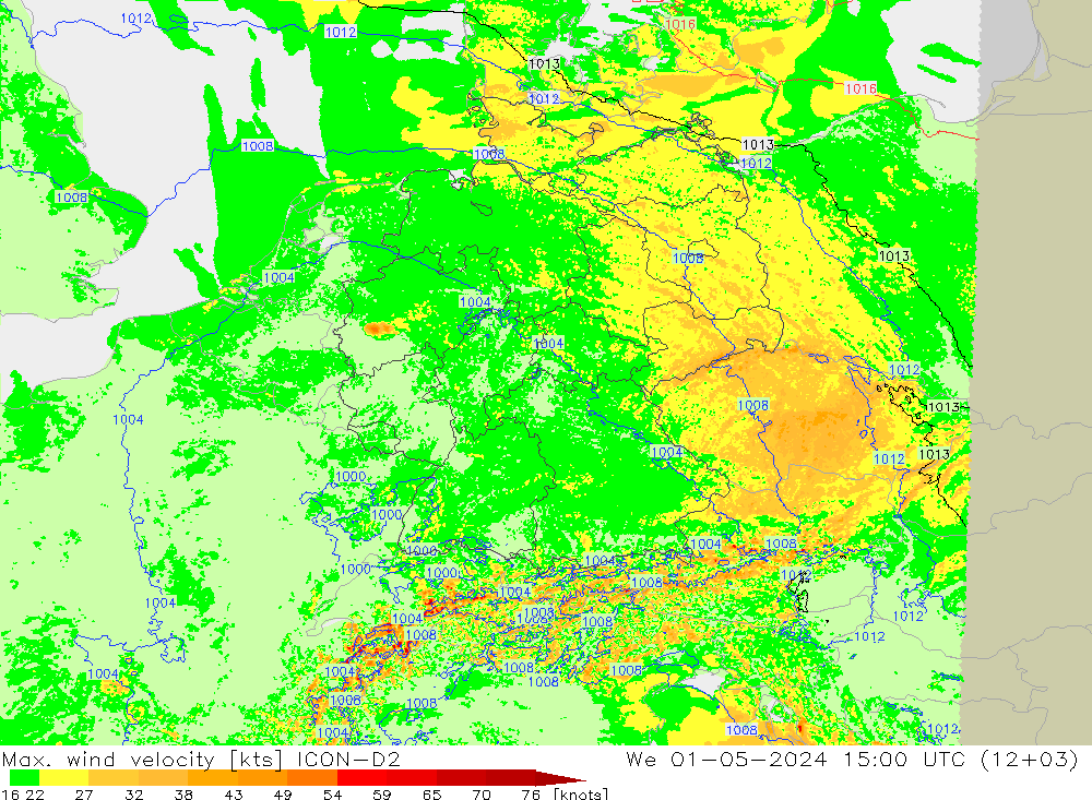 Maks. Rüzgar Hızı ICON-D2 Çar 01.05.2024 15 UTC