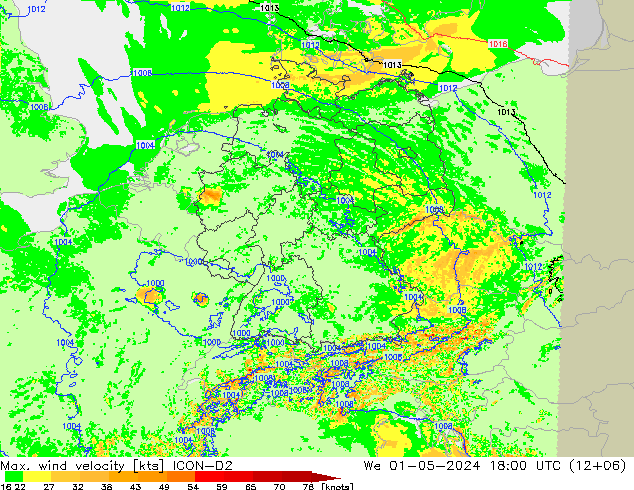 Max. wind velocity ICON-D2 St 01.05.2024 18 UTC