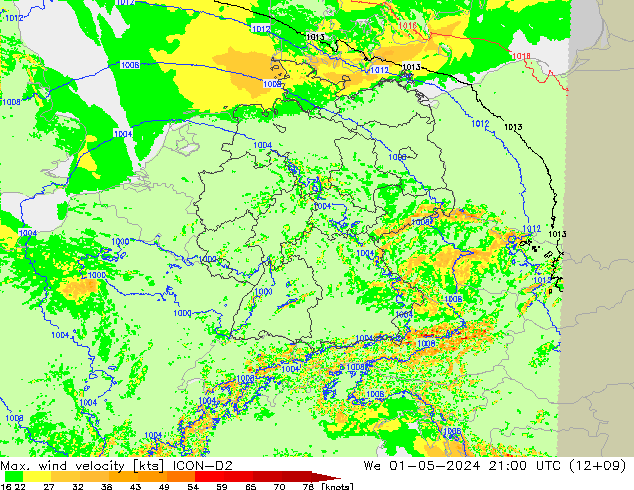 Max. wind velocity ICON-D2 We 01.05.2024 21 UTC