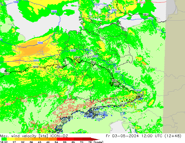 Max. wind velocity ICON-D2 vie 03.05.2024 12 UTC