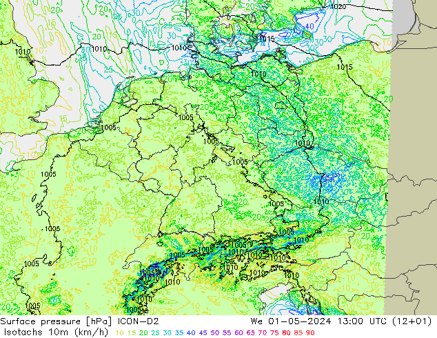 Isotachs (kph) ICON-D2 We 01.05.2024 13 UTC