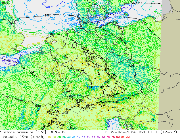 Isotachs (kph) ICON-D2 Th 02.05.2024 15 UTC