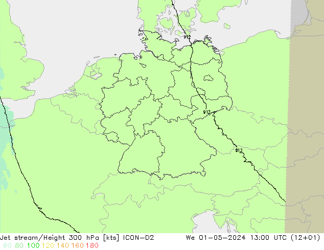 Jet stream ICON-D2 Qua 01.05.2024 13 UTC