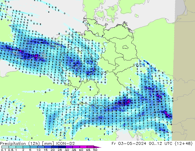 Precipitazione (12h) ICON-D2 ven 03.05.2024 12 UTC