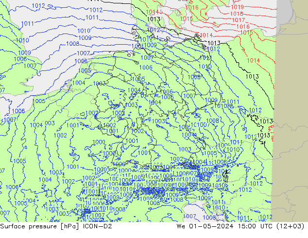 Pressione al suolo ICON-D2 mer 01.05.2024 15 UTC